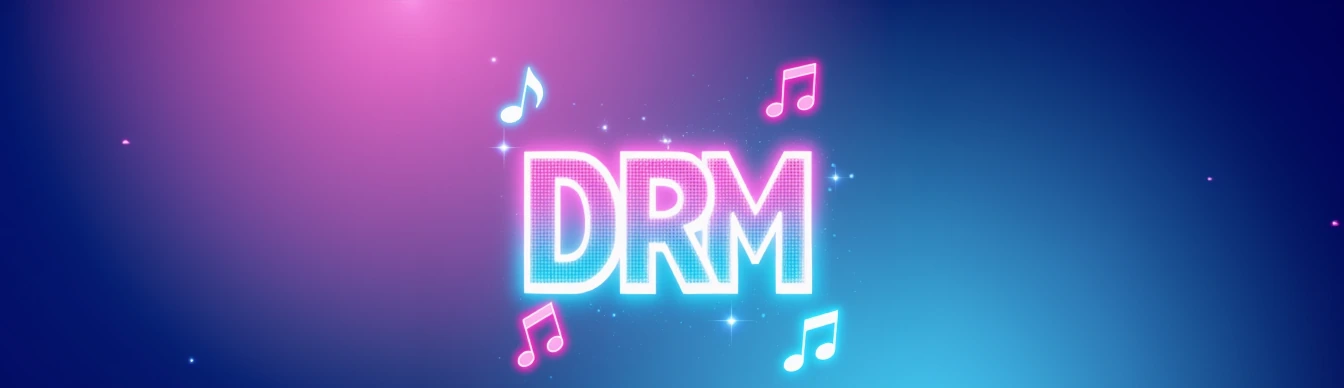 DRM-project 社标：霓虹光描边的 DRM 字样，周围环绕音符与星点