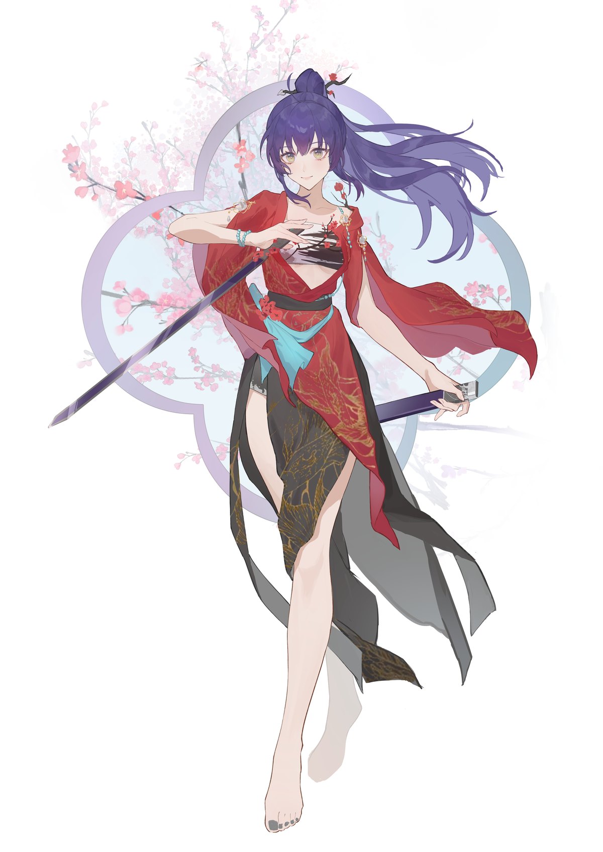 插画：樱花与圆环背景中执刀的紫发少女