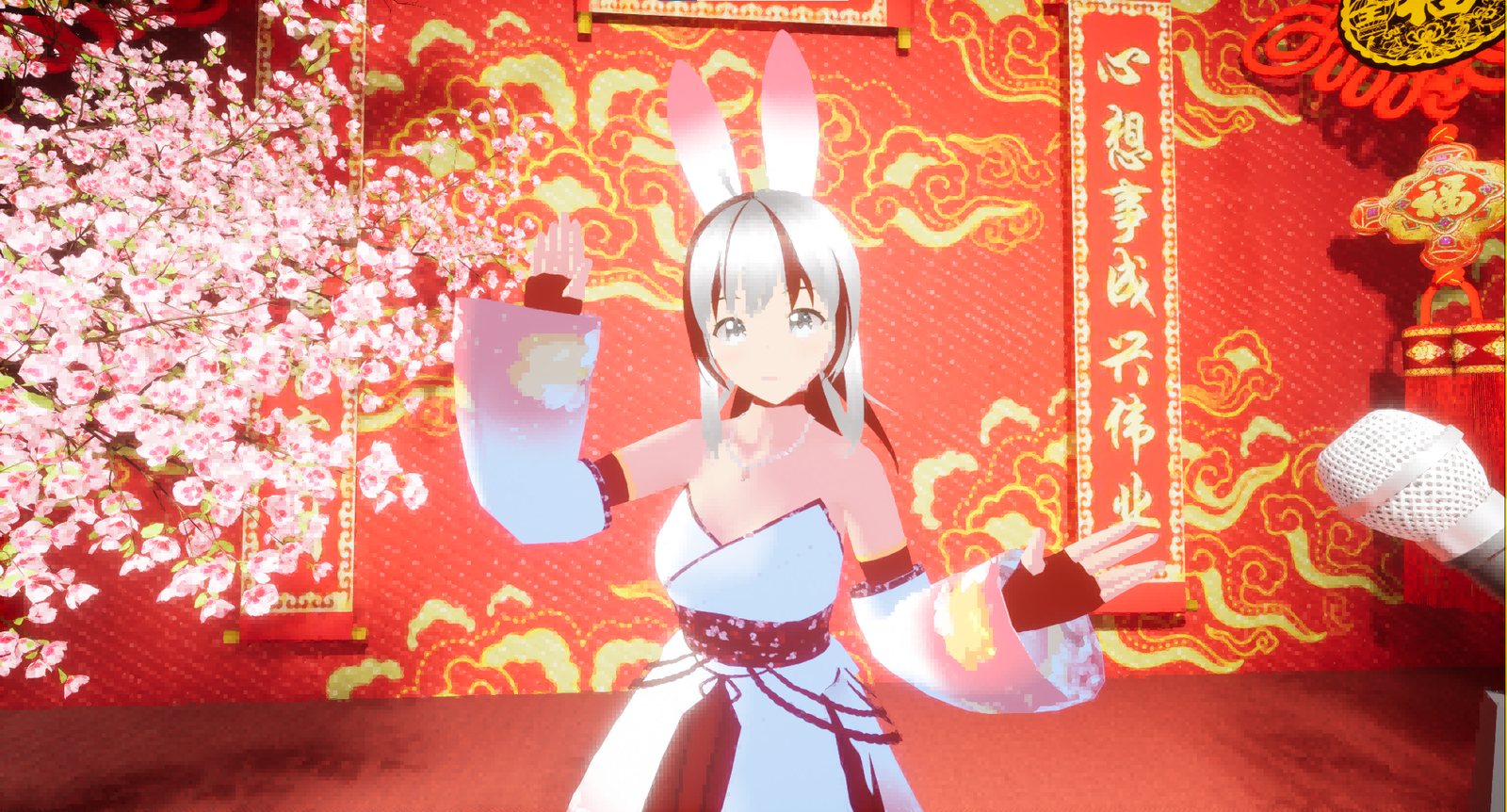 新年 3D 回：红金背景与兔耳造型的瑞雅